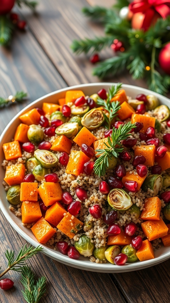 A festive dish with roasted vegetables, quinoa, and pomegranate seeds arranged in a colorful landscape on a rustic table.